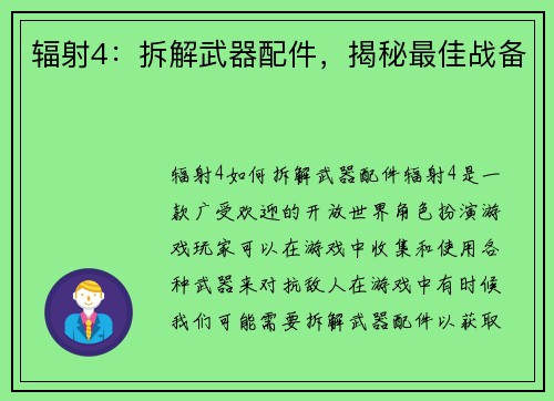 辐射4：拆解武器配件，揭秘最佳战备