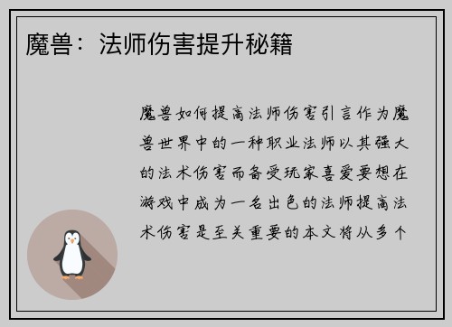 魔兽:法师伤害提升秘籍